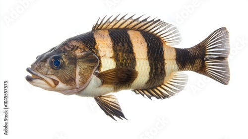 Sheepshead fish known scientifically as Archosargus probatocephalus displays distinct black and white stripes vividly against a white backdrop highlighting its features. photo