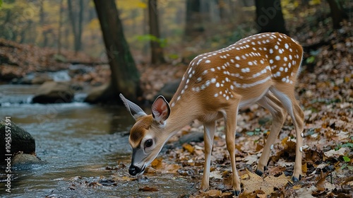 A young deer drinking water from a stream in a forest. photo