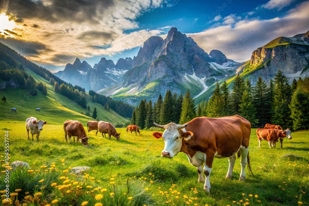 Beautiful Bergvieh Cattle in Lush Alpine Pasture – High Depth of Field Photography Beautiful Bergvieh Cattle in Lush Alpine Pasture – High Depth of Field Photography