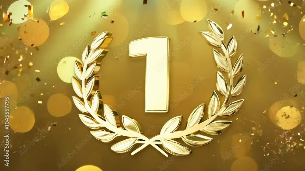 winner place confetti one design medal symbol celebration 1st laurel wreath number gold festive trophy Golden background first award success succeed champion achievement prize best sport victory ribb