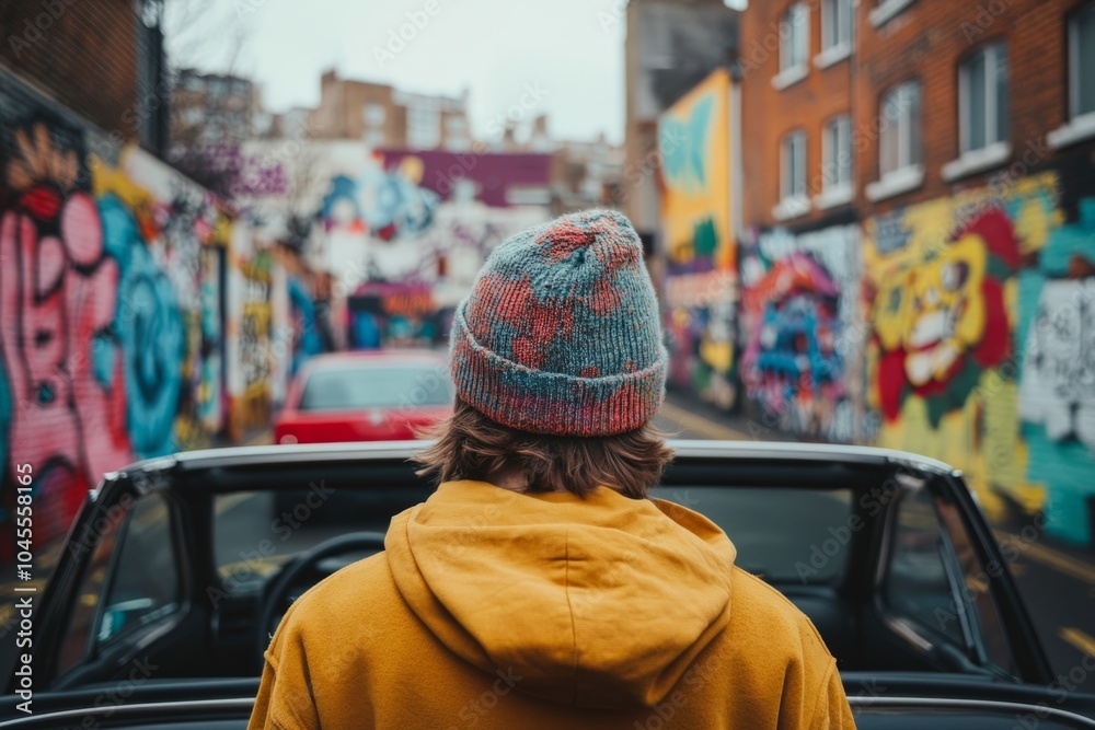 A person sits in a convertible car and looks at colorful street art on the walls. The vibrant graffiti creates a lively backdrop. This captures urban culture beautifully. Generative AI