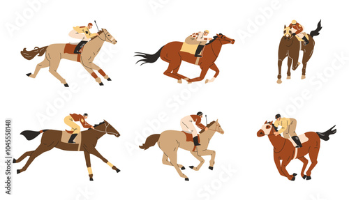 Horse racing vector set, jockey sprinting on a brown horse, hippodrome sport competition, cartoon equine championship