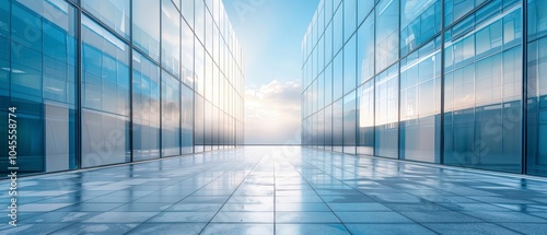 Modern glass corridor, reflections, clear skies, urban architecture, symmetry, tranquil, sleek, expansive, daylight, pathway