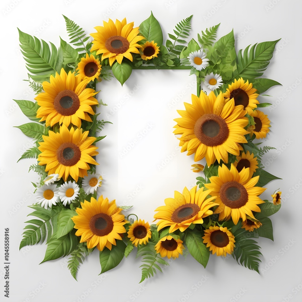 Beautiful yellow sunflower border frame isolated on white background, perfect for summer floral design Beautiful yellow sunflower border frame isolated on white background, perfect for summer floral design