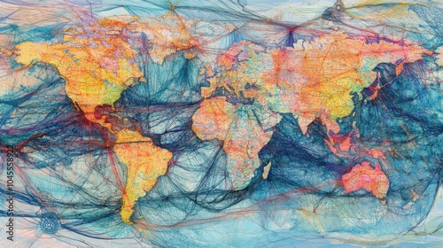 World map with detailed lines showing global commerce networks and trade routes between countries.