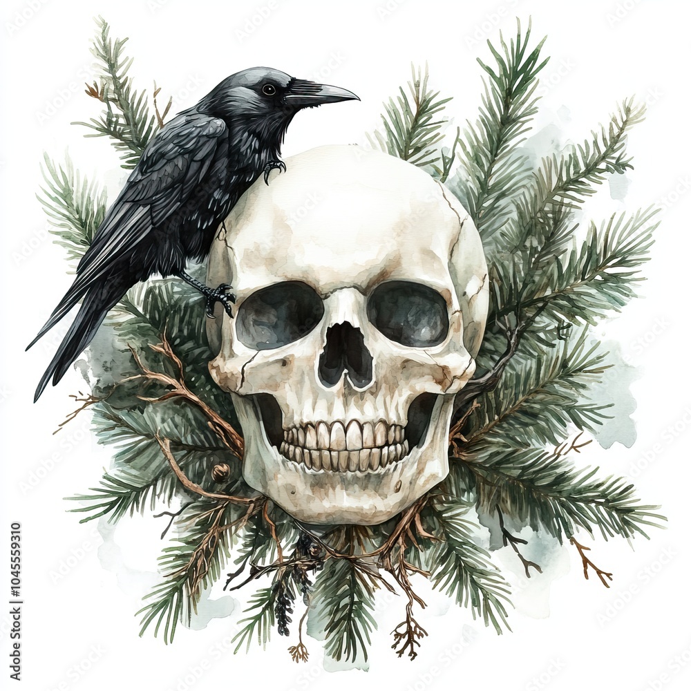 Fototapeta premium A raven perched on a skull surrounded by pine branches, creating a stark, haunting contrast of life and death in a natural setting.