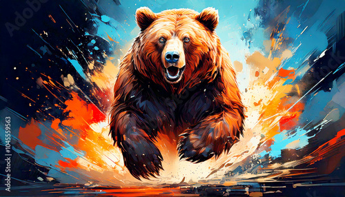 An illustration of a large brown bear bursting out energetically.
