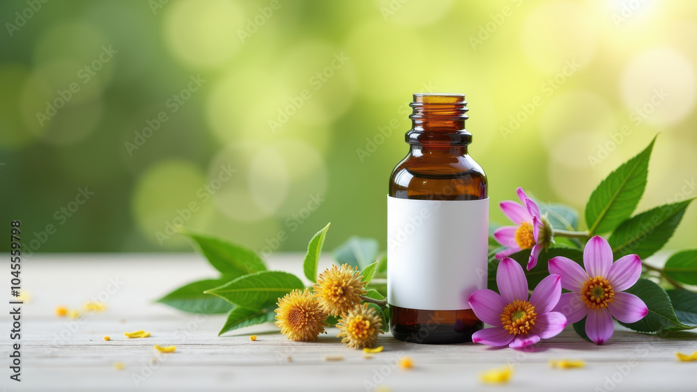 An amber glass bottle surrounded by vibrant flowers and leaves, set against a soft, blurred background, perfect for showcasing natural oils or herbal products. An amber glass bottle surrounded by vibrant flowers and leaves, set against a soft, blurred background, perfect for showcasing natural oils or herbal products.