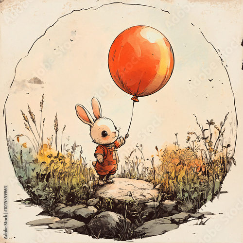 Adorable bunny holding a colorful balloon in a whimsical setting, evoking joy and wonder in a charming children's book illustration, capturing the innocence and delight of childhood. photo