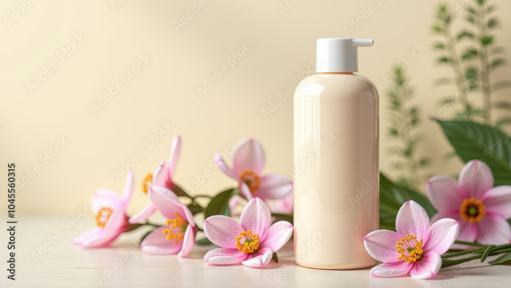 A sleek beige lotion bottle surrounded by delicate pink flowers and greenery, creating a fresh and inviting aesthetic ideal for skincare promotions. A sleek beige lotion bottle surrounded by delicate pink flowers and greenery, creating a fresh and inviting aesthetic ideal for skincare promotions.