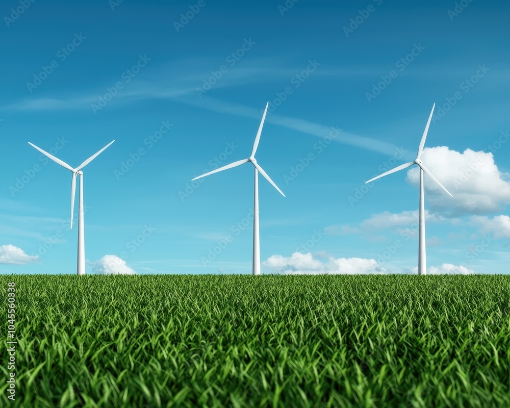 Wind turbines on a green field under a blue sky with fluffy clouds. Wind turbines on a green field under a blue sky with fluffy clouds.