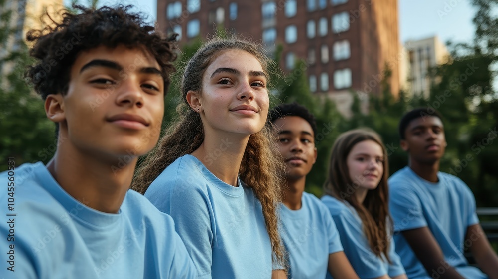 Teenagers from diverse backgrounds enjoy a sunny day seated together in a city park Teenagers from diverse backgrounds enjoy a sunny day seated together in a city park