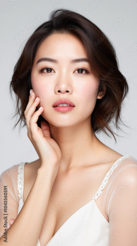 Elegant Portrait of Asian Female Model on Neutral Background for Beauty and Skincare Campaigns Elegant Portrait of Asian Female Model on Neutral Background for Beauty and Skincare Campaigns