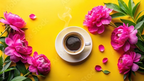 Fototapeta Naklejka Na Ścianę i Meble -  A cup of coffee steaming on a yellow background surrounded by pink peonies and petals.