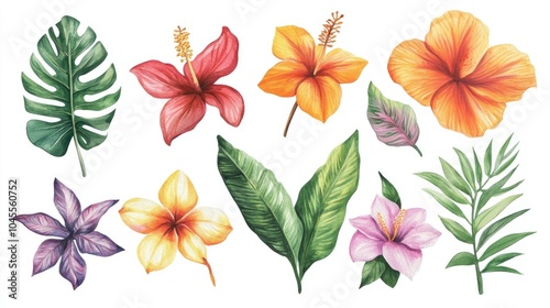 Fototapeta Naklejka Na Ścianę i Meble -  A collection of vibrant tropical flowers and green leaves, illustrated in watercolor, isolated on a white background for creative designs.
