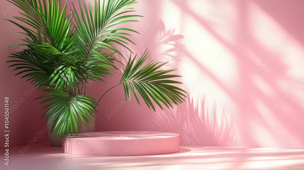 product podium casting a palm leaf shadow on a soft pink background creating an elegant display for a product reveal emphasizing style and sophistication product podium casting a palm leaf shadow on a soft pink background creating an elegant display for a product reveal emphasizing style and sophistication