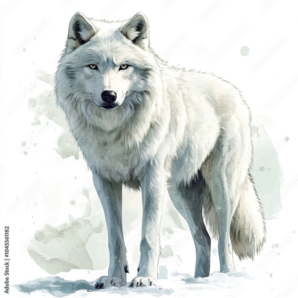 Obraz premium A majestic white wolf stands confidently on a snowy landscape, showcasing its powerful form and piercing gaze.