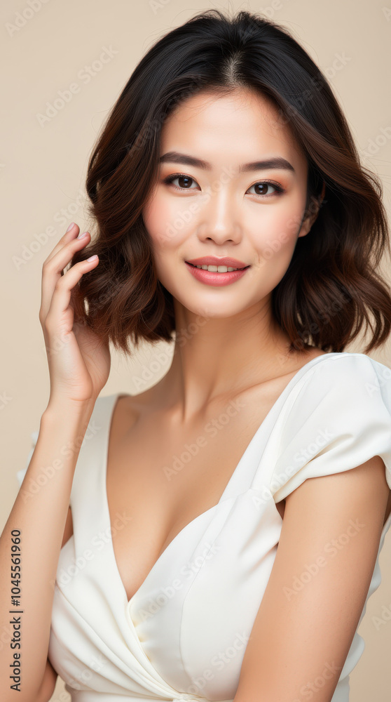 Elegant Portrait of Asian Female Model on Neutral Background for Beauty and Skincare Campaigns Elegant Portrait of Asian Female Model on Neutral Background for Beauty and Skincare Campaigns