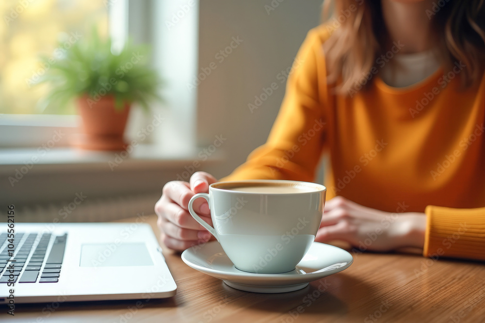 a woman drinks coffee tea at a table with a laptop close-up a woman drinks coffee tea at a table with a laptop close-up