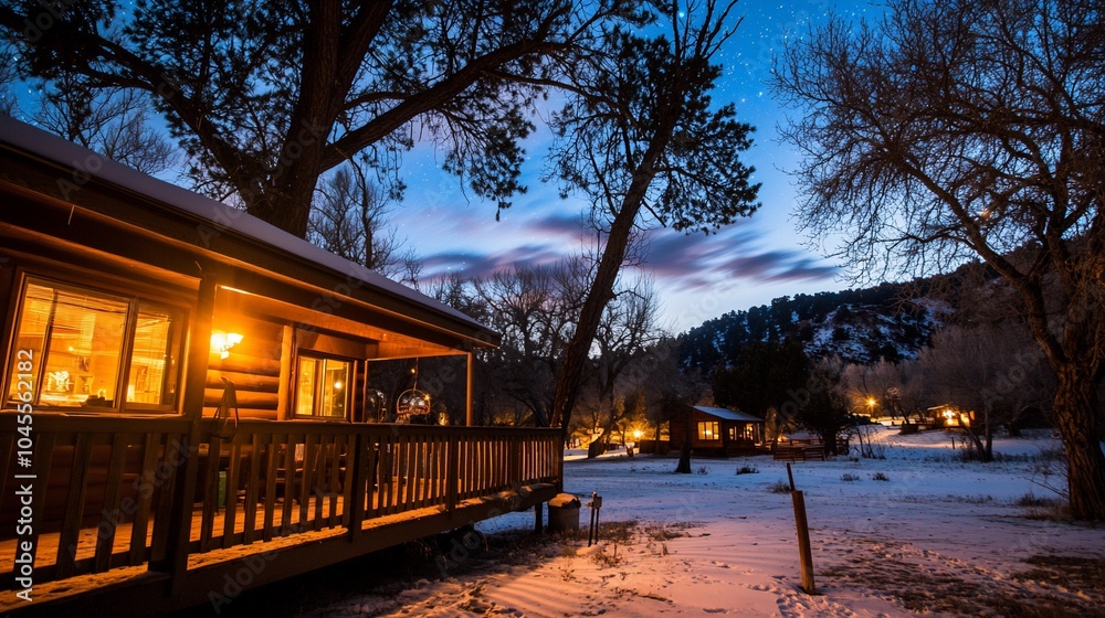 Obraz premium Cozy cabin with glowing windows and snow-covered ground at dusk.