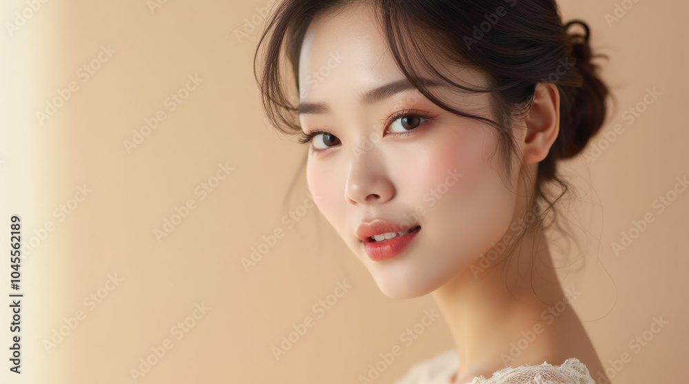 Elegant Portrait of Asian Female Model on Neutral Background for Beauty and Skincare Campaigns Elegant Portrait of Asian Female Model on Neutral Background for Beauty and Skincare Campaigns