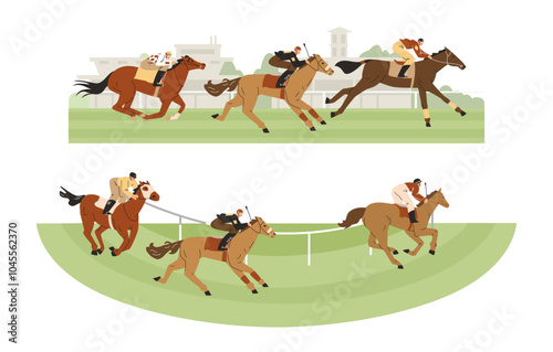 Vector illustration of horse racing. Jockeys on thoroughbred horses participate in competitions in uniforms