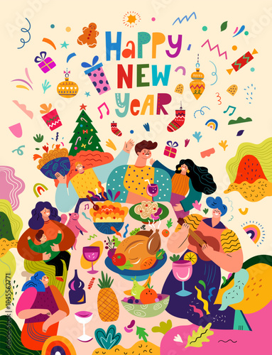 Happy New Year vector illustration. Happy people in a friendly company celebrate the New Year. Traditional holiday dinner in the family circle. Holiday New Year party. Christmas decorative banner 