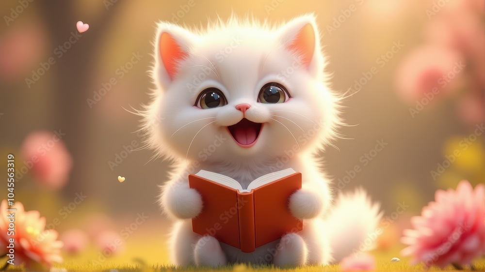 Adorable fluffy kitten holding a book and smiling amidst blooming flowers, creating a charming and cheerful scene. Adorable fluffy kitten holding a book and smiling amidst blooming flowers, creating a charming and cheerful scene.
