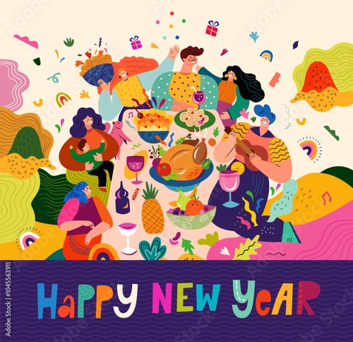 Happy New Year vector illustration. Happy people in a friendly company celebrate the New Year. Traditional holiday dinner in the family circle. Holiday New Year party. Christmas decorative banner 