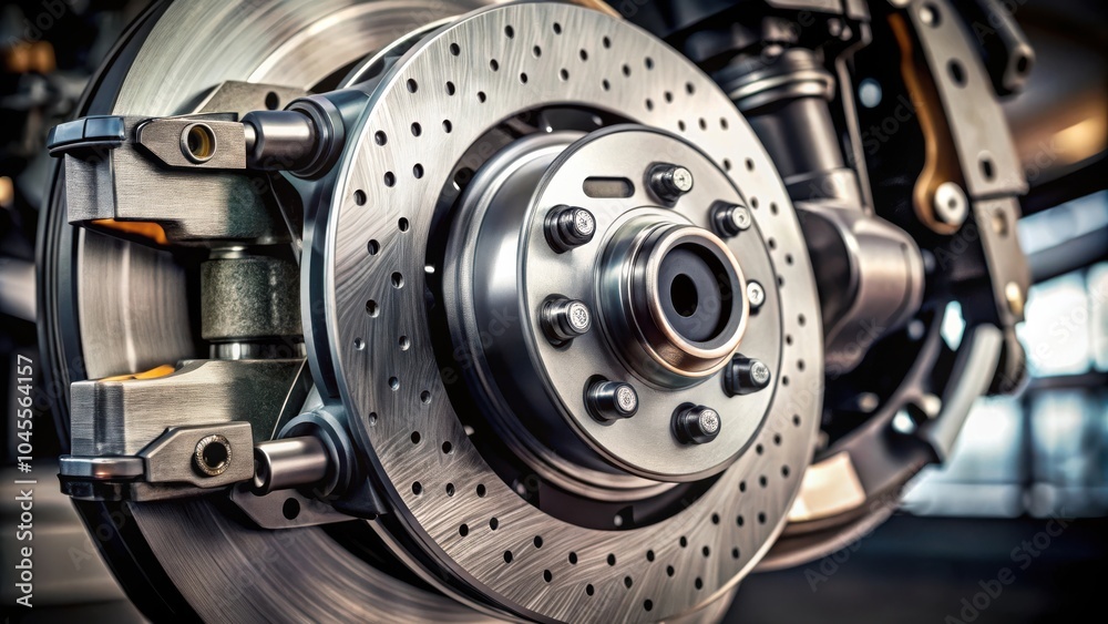 Close-up view of a metallic brake disc and caliper, showcasing the intricate details of automotive engineering. Close-up view of a metallic brake disc and caliper, showcasing the intricate details of automotive engineering.