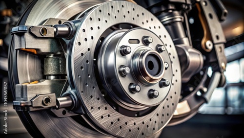 Close-up view of a metallic brake disc and caliper, showcasing the intricate details of automotive engineering.