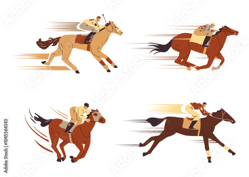 Horse racing, jockey sprinting on a brown horse, hippodrome sport competition, cartoon equine championship vector set