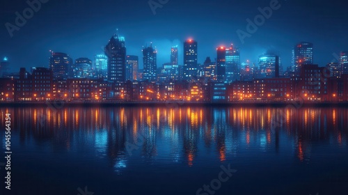 reflections of a bustling cityscape on a calm water surface capturing a beautiful blend of architectural details and vibrant lights creating a serene night scene