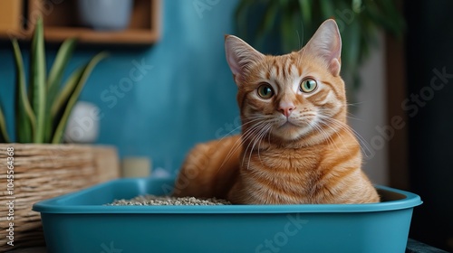 A golden tabby cat sits in a litter box, looking curiously with bright green eyes, surrounded by a cozy indoor setting. photo