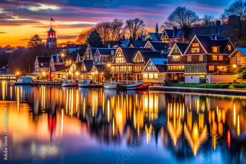 Boathouse Row Christmas Silhouette at Dusk - Festive Lights and Reflections in Winter Serenity