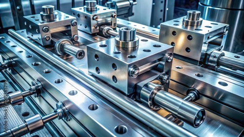 Close-up of a complex industrial machine with intricate metal parts, featuring cylindrical rods, square blocks, and multiple circular holes, showcasing a sophisticated engineering design.