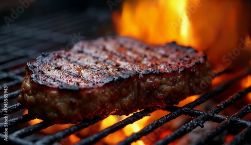 Grilled steak on barbecue with flames.