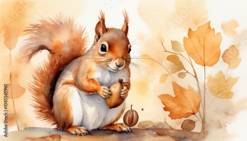 Charming watercolor illustration of a squirrel holding an acorn amidst autumn leaves