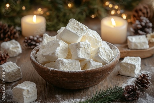 homemade marshmallows, homemade fluffy marshmallows in a rustic bowl on a wooden table, complemented by candlelight and festive decorations