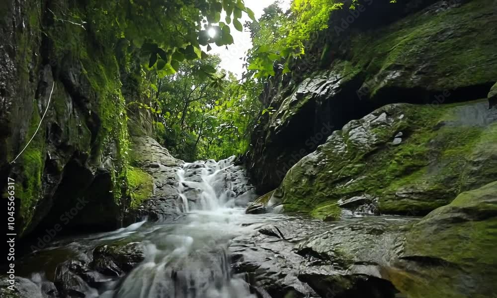 A serene waterfall cascades through lush greenery in a natural setting. A serene waterfall cascades through lush greenery in a natural setting.