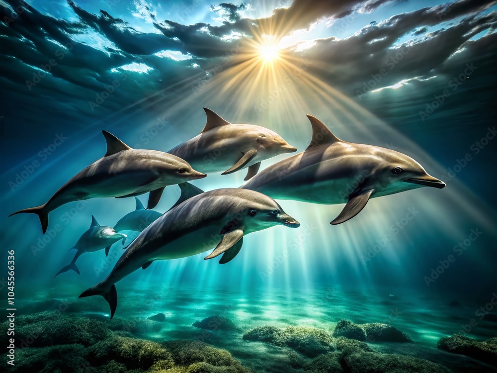 Fototapeta premium Bottlenose Dolphins in Low Light Water - Captivating Underwater Scenes for Nature Lovers
