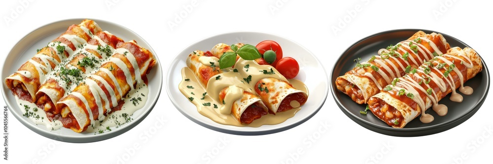 A vibrant display of delicious enchiladas, served on three plates with garnishes, showcasing a variety of fillings and sauces. A vibrant display of delicious enchiladas, served on three plates with garnishes, showcasing a variety of fillings and sauces.