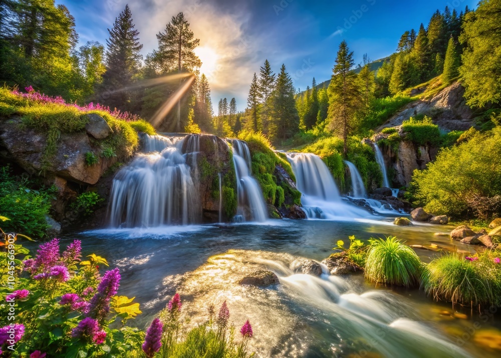 Obraz premium Breathtaking Cascading Falls in Lush Wilderness - Nature's Majestic Waterfalls Captured in Stunning Detail