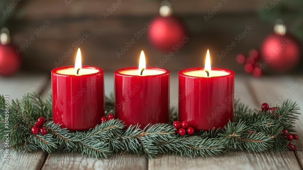Three red candles are lit on a wooden table. The candles are surrounded by pine needles and berries