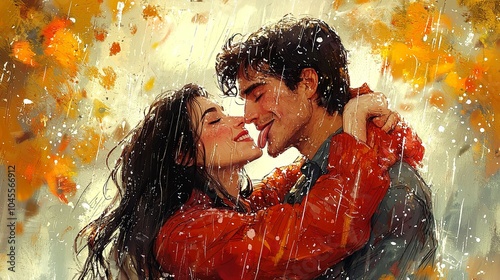 An artistic portrayal of a couple lovingly embracing amidst falling rain and swirling autumn leaves, capturing passion and warmth in a rainy setting. photo