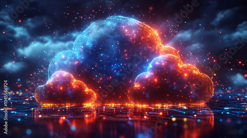 abstract cloud network digital technology concept with blue and red neon lights 3d rendering