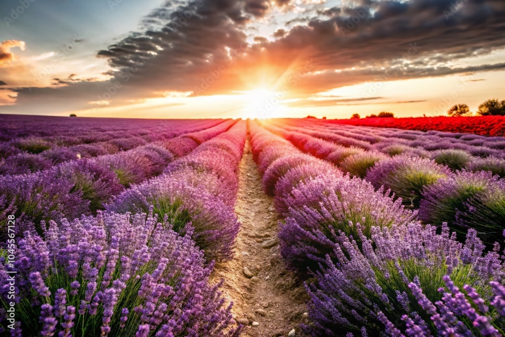 Obraz premium Breathtaking Lavender Flower Fields at Sunset - Night Photography of Blooming Rows