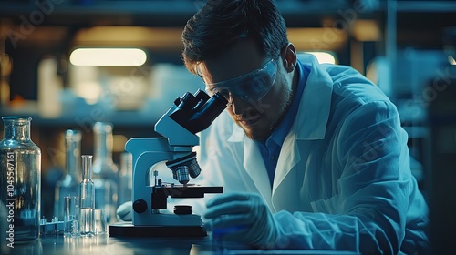 Obraz na płótnie In the lab, a scientist uses a microscope. Research and development concepts for pharmaceuticals and medical healthcare technologies w salonie