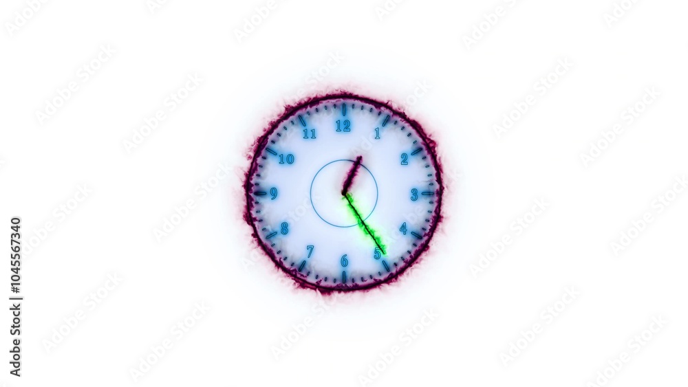 Counting down glowing analog clock isolated white background Counting down glowing analog clock isolated white background