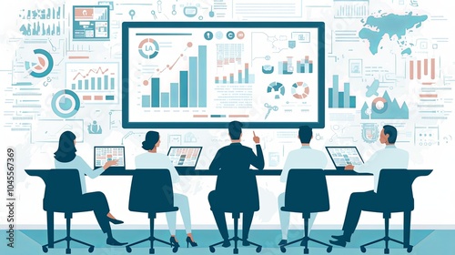 A team of professionals examining business analytics on digital screens, showcasing data visualization, teamwork, and strategic decision-making in a corporate setting.